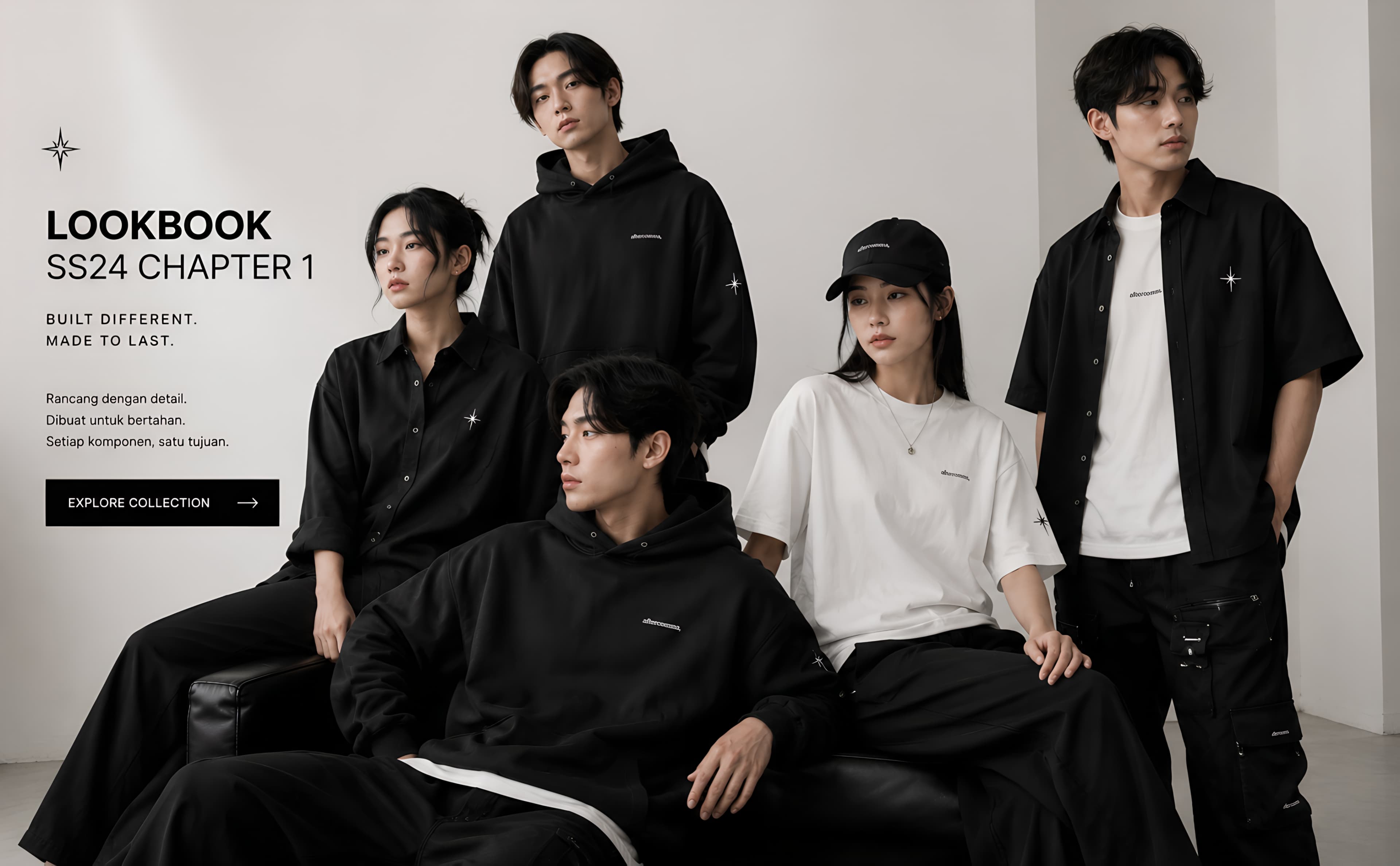 AFTERCOMMA studio lookbook with black and white essentials